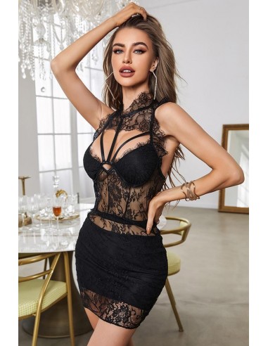 Mini Robe Noire Dentelle Véritable concentré