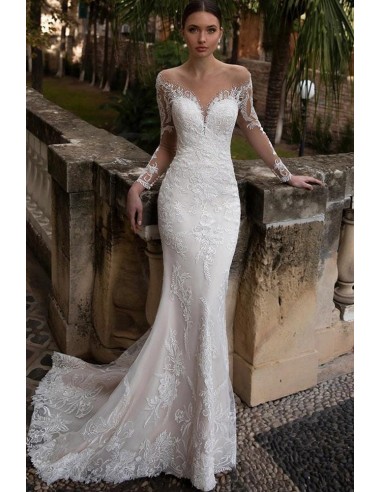 Robe de Mariée Manche Longue Dentelle brillant des détails fins