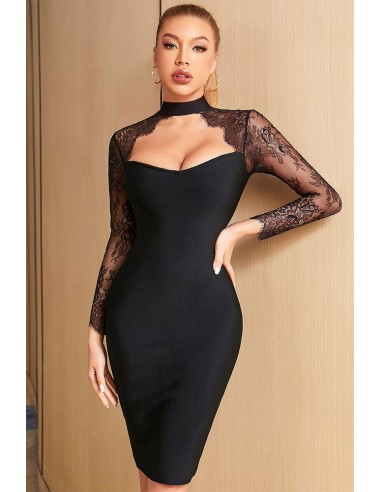 Robe Dentelle Noire Mi-Longue soldes