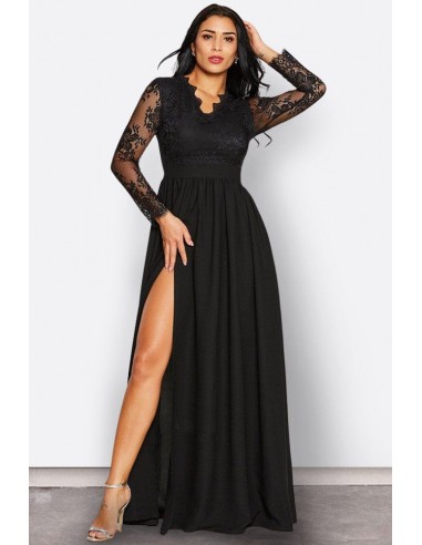 Robe Longue Noire Fendue Dentelle pas cher 